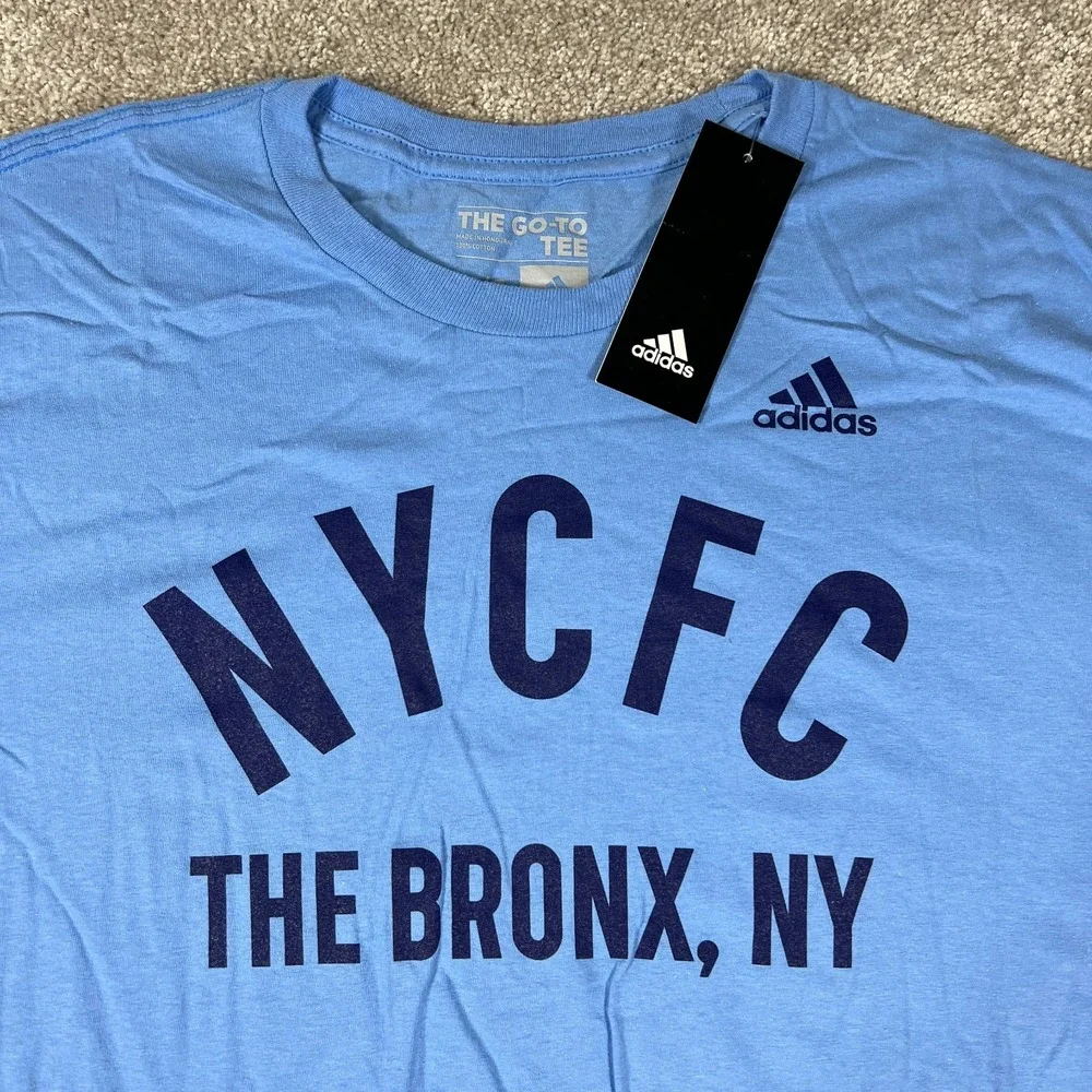 Adidas Mens L Blue NYCFC Short Sleeve The‎ Bronx NY Soccer Performance Tee NWT